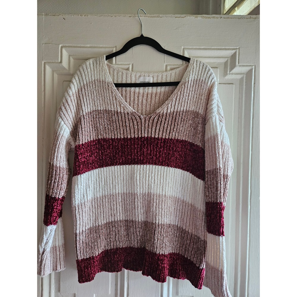 Andree by Unit Womens Chenille V-Neck Striped Sweater Burgundy Pink Cream 15
